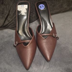 Pointed-Toe Brown Mule Heels with Slim Strap
